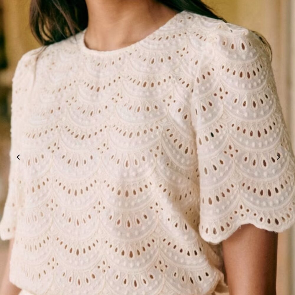 Sezane Eyelet Scallop Short Sleeve Blouse - Cream